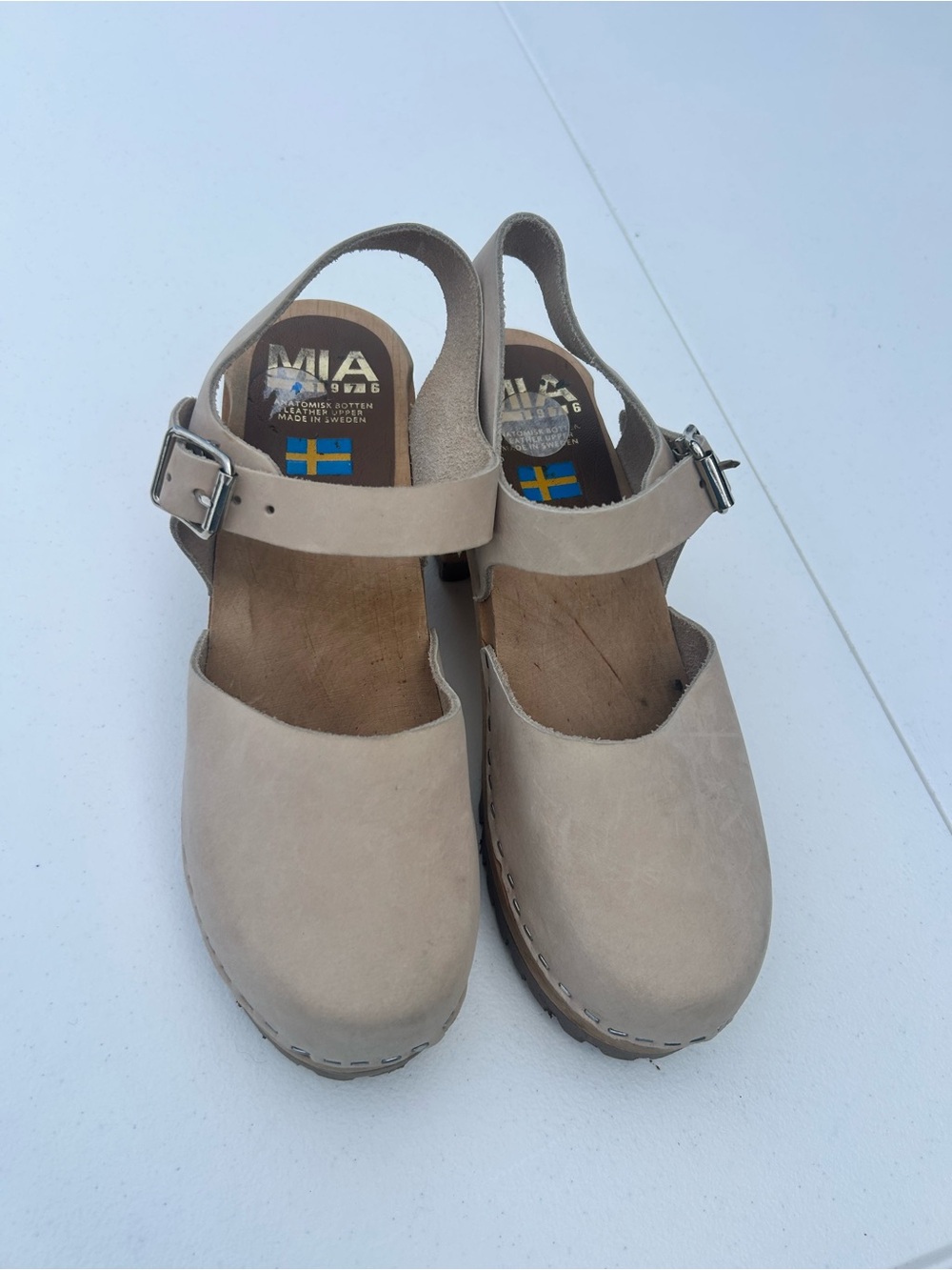 MIA Beige Leather Clog Heels with Wood Platform and Buckle - Picture 7 of 10